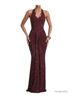Deep V Neck Halter Lace Sequin Glitter Maxi Dress Formal Evening Gown